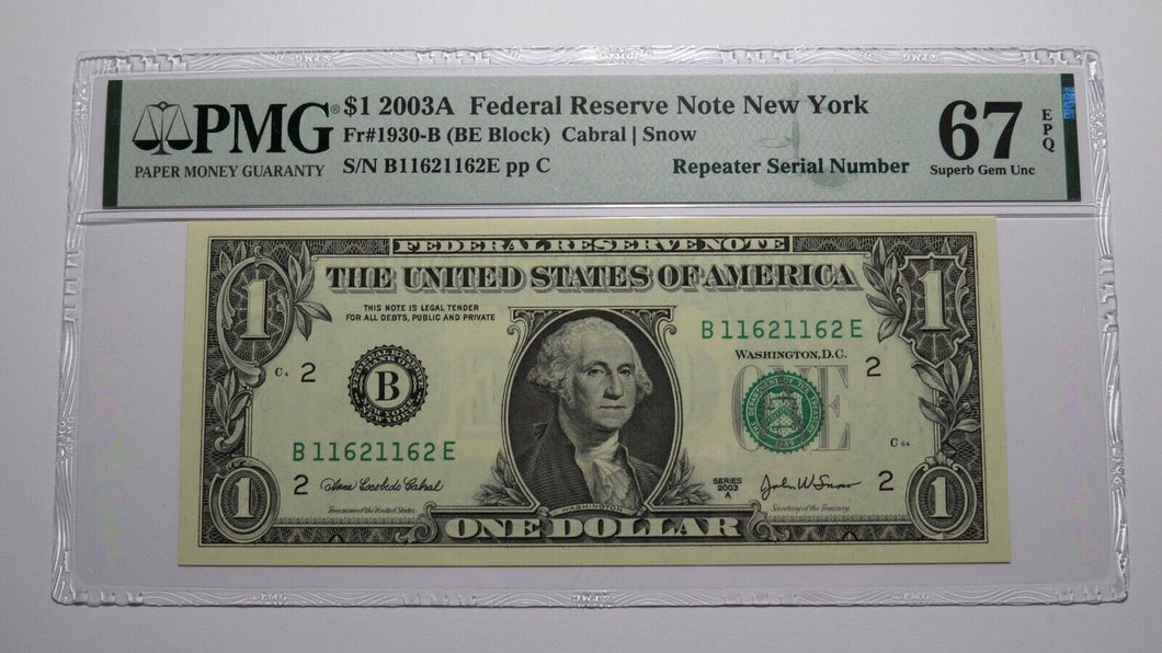 $1 2003 Repeater Serial Number Federal Reserve Currency Bank Note Bill PMG UNC67
