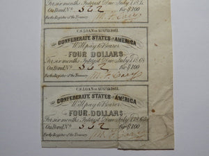 $4 1861 Confederate Bond Coupon Certificate Uncut Sheet Currency Bank Note Bill