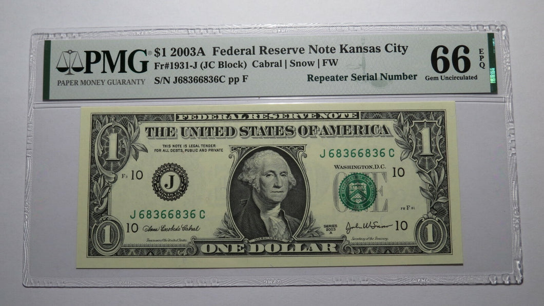 $1 2003 Repeater Serial Number Federal Reserve Currency Bank Note Bill PMG UNC66