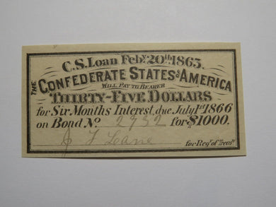 $35 1863 Confederate Bond Coupon Certificate Currency Bank Note Bill UNC