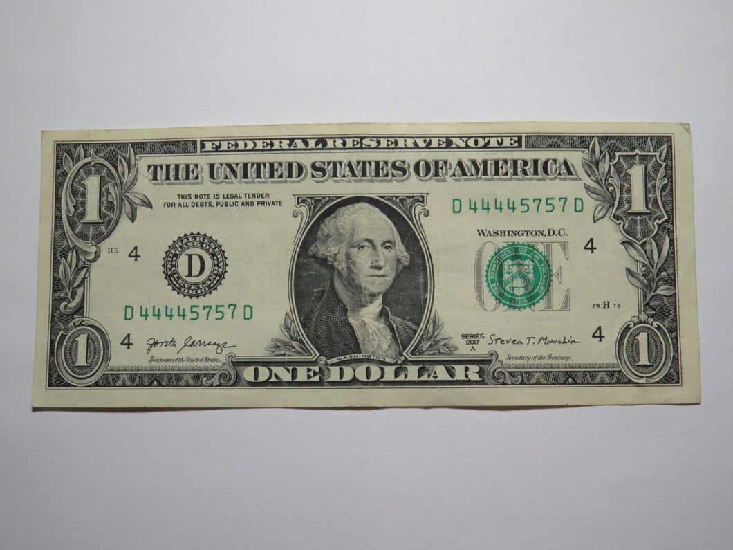 $1 2017 Fancy Hybrid Serial Number Federal Reserve Bank Note Bill #44445757