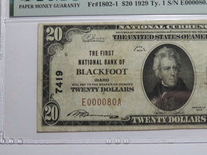 $20 1929 Blackfoot Idaho ID National Currency Bank Note Bill Ch. #7419 VF25 PMG