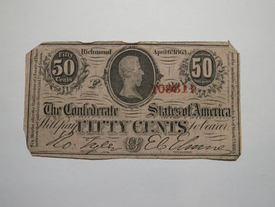 $.50 1863 Richmond Virginia VA Confederate Currency Bank Note Bill RARE T63