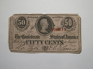 $.50 1863 Richmond Virginia VA Confederate Currency Bank Note Bill RARE T63