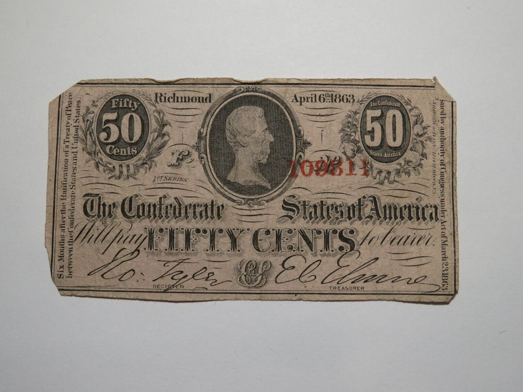 $.50 1863 Richmond Virginia VA Confederate Currency Bank Note Bill RARE T63