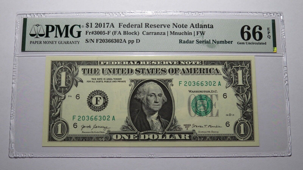 $1 2017 Radar Serial Number Federal Reserve Currency Bank Note Bill PMG UNC66EPQ