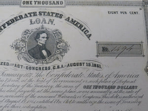 $1,000 1863 Confederate Bond Certificate Currency Bank Note UNC 13.5" X 9.5"