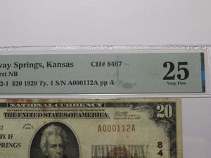 $20 1929 Conway Springs Kansas National Currency Bank Note Bill #8467 VF25 PMG