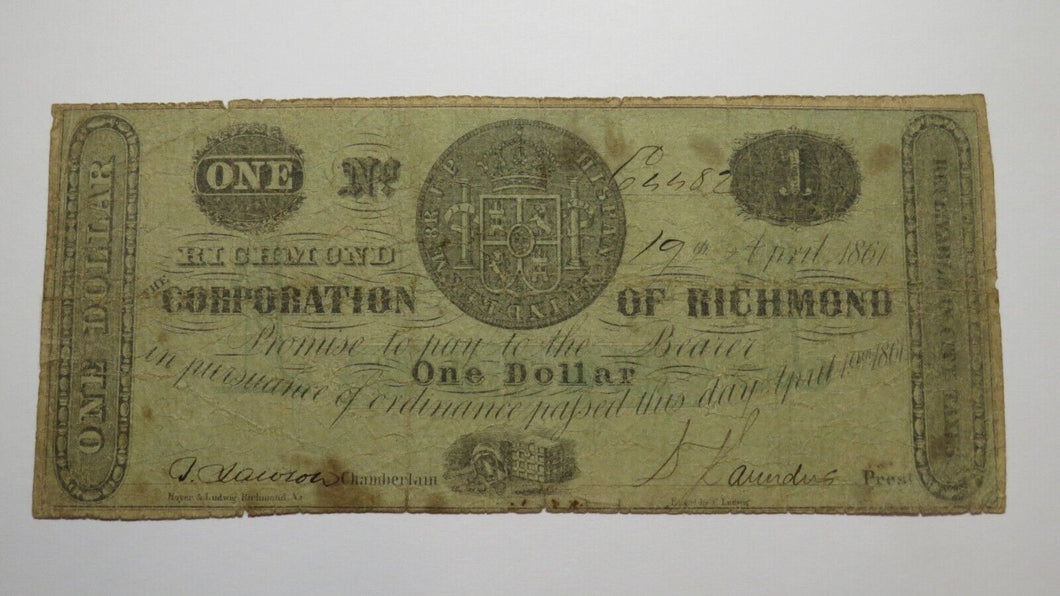 $1 1861 Richmond Virginia VA Obsolete Currency Bank Note Bill Corporation of VA