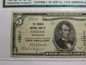 $5 1929 Colfax Washington WA National Currency Bank Note Bill Ch. #10511 F15 PMG