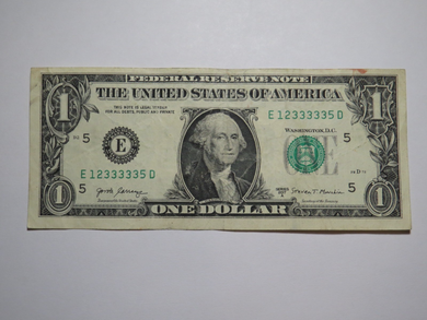 $1 2017 Fancy Serial Number Federal Reserve Bank Note Bill Richmond #12333335