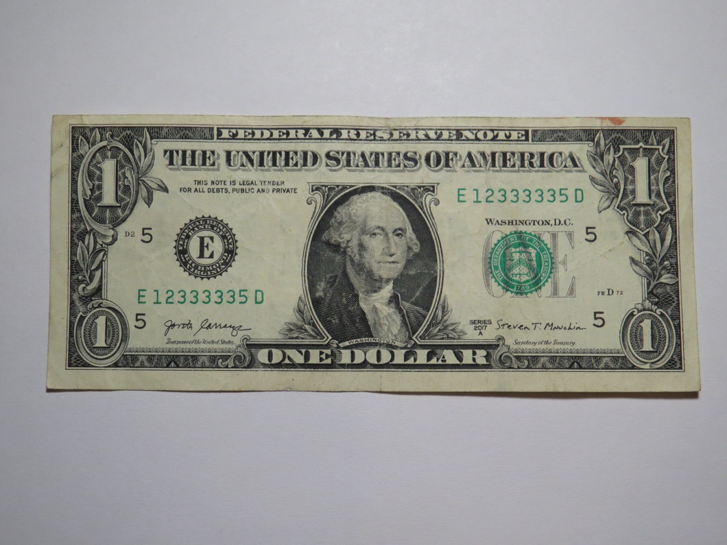 $1 2017 Fancy Serial Number Federal Reserve Bank Note Bill Richmond #12333335