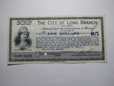 $5 1934 Long Branch New Jersey NJ Obsolete Currency Bank Note Scrip City of LB