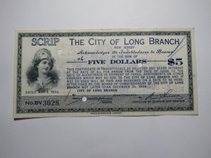 $5 1934 Long Branch New Jersey NJ Obsolete Currency Bank Note Scrip City of LB