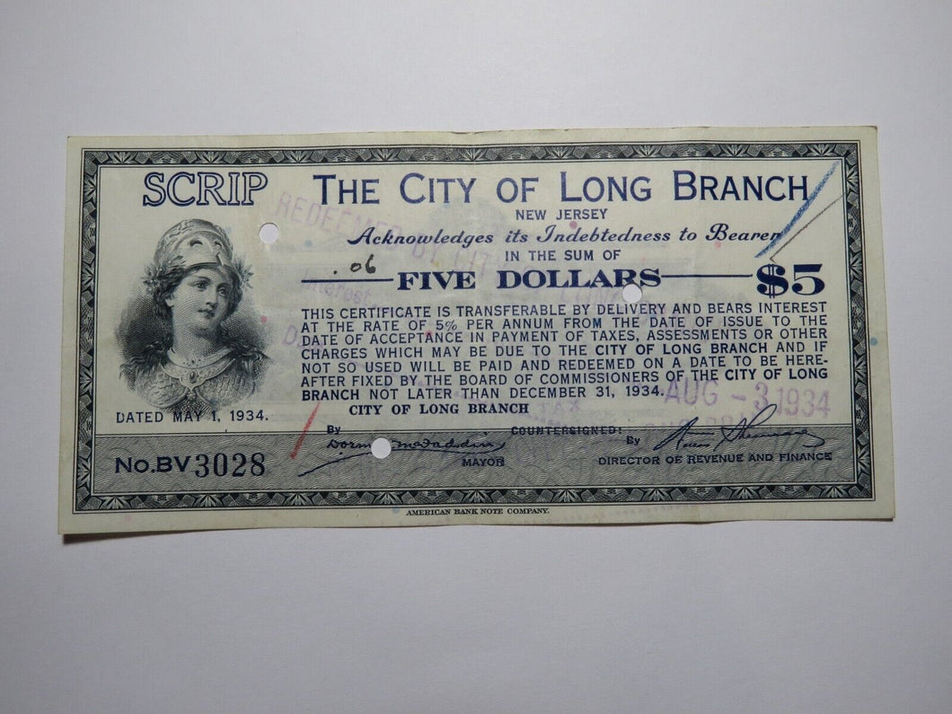 $5 1934 Long Branch New Jersey NJ Obsolete Currency Bank Note Scrip City of LB