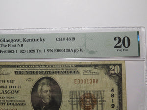 $20 1929 Glasgow Kentucky KY National Currency Bank Note Bill Ch. #4819 VF20
