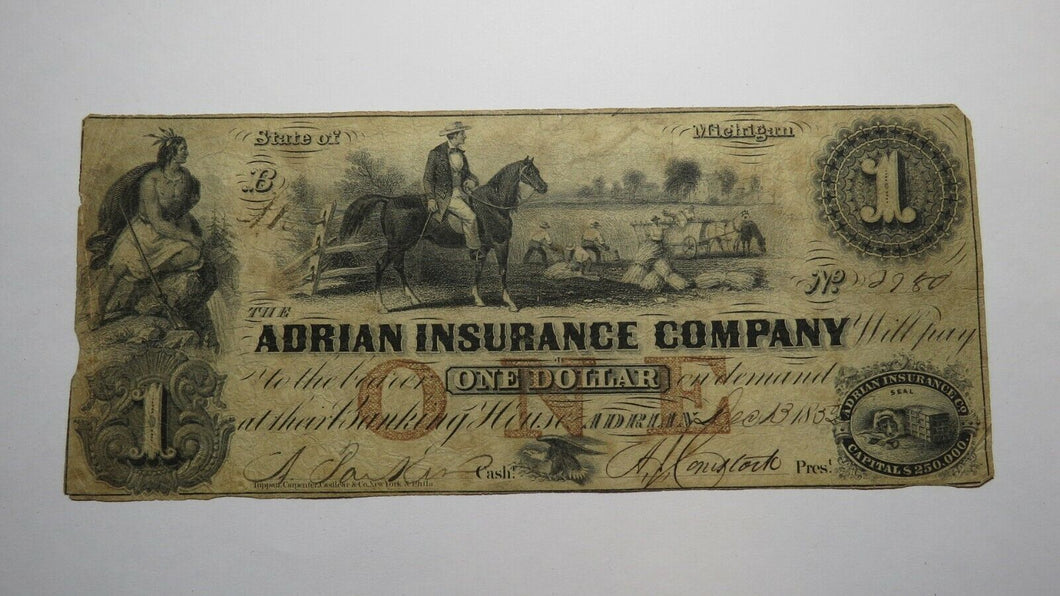 $1 1852 Adrian Michigan MI Obsolete Currency Bank Note Bill Adrian Insurance Co.