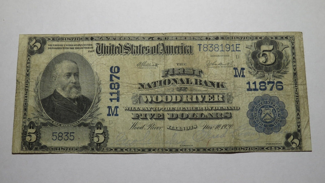 $5 1902 Wood River Illinois IL National Currency Bank Note Bill Ch. #11876 FINE!