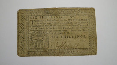 1777 Six Shillings Pennsylvania PA Colonial Currency Bank Note Bill 6s RARE