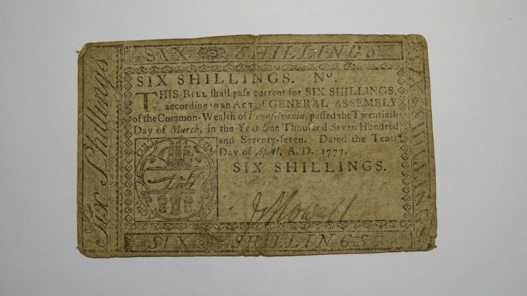1777 Six Shillings Pennsylvania PA Colonial Currency Bank Note Bill 6s RARE