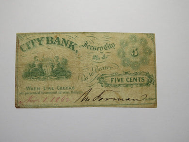 $.05 1862 Jersey City New Jersey NJ Obsolete Currency Bank Note Bill City Bank
