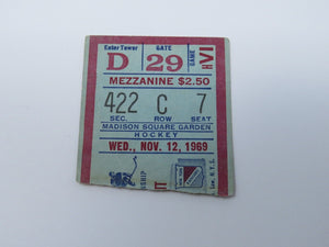 November 12, 1969 New York Rangers Vs. Detroit Red Wings NHL Hockey Ticket Stub