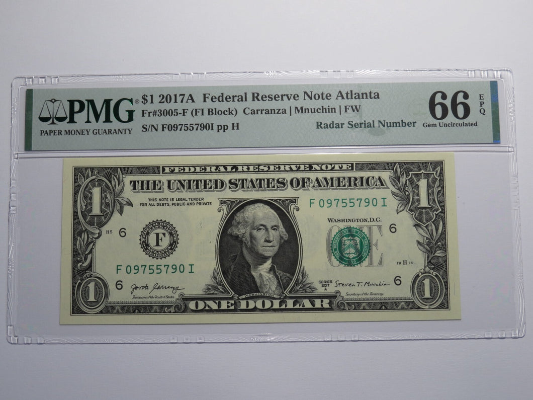 $1 2017 Radar Serial Number Federal Reserve Currency Bank Note Bill PMG UNC66EPQ