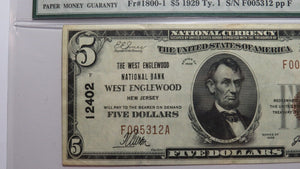 $5 1929 West Englewood New Jersey National Currency Bank Note Bill #12402 XF40