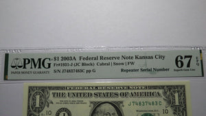 $1 2003 Repeater Serial Number Federal Reserve Currency Bank Note Bill PMG UNC67