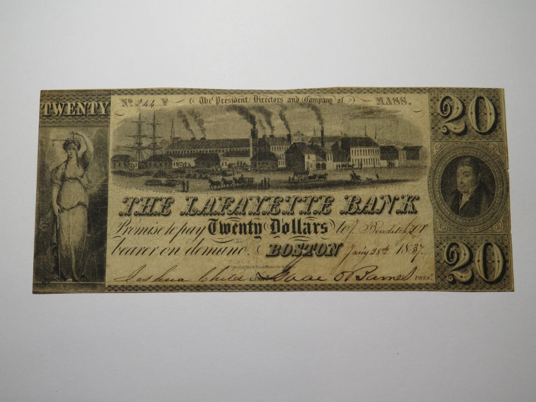 $20 1837 Boston Massachusetts MA Obsolete Currency Bank Note Bill Lafayette Bank