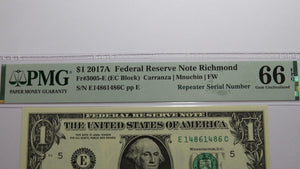 $1 2017 Repeater Serial Number Federal Reserve Currency Bank Note Bill PMG UNC66