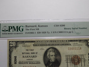 $20 1929 Barnard Kansas National Currency Bank Note Bill #8396 Binary Serial #
