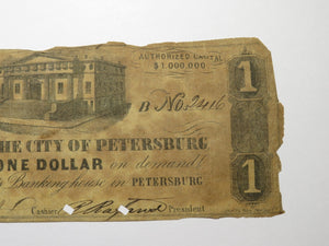 $1 1861 Petersburg Virginia VA Obsolete Currency Bank Note Bill City of Pete