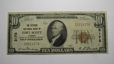 $10 1929 Fort Scott Kansas KS National Currency Bank Note Bill Charter #3175 VF