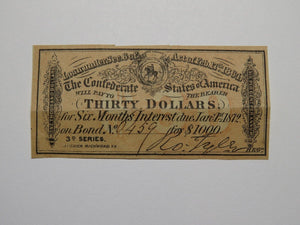 $30 1864 Confederate Bond Coupon Certificate Currency Bank Note Bill RARE!
