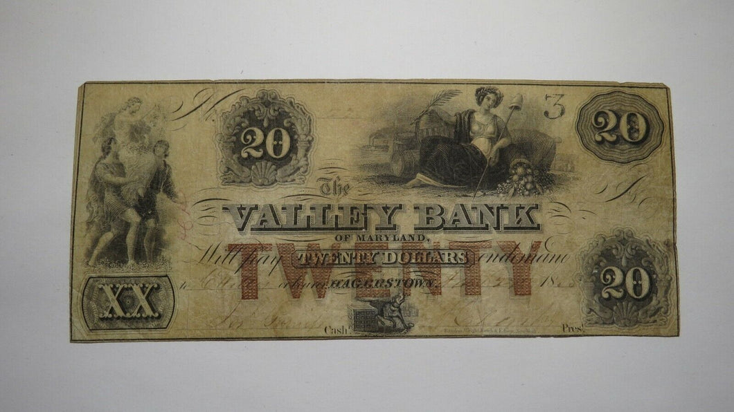 $20 1855 Hagerstown Maryland MD Obsolete Currency Bank Note Bill The Valley Bank