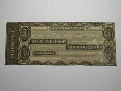 $5 18__ Windsor Vermont VT Obsolete Currency Bank Note Bill Remainder Rare UNC
