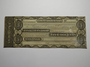 $5 18__ Windsor Vermont VT Obsolete Currency Bank Note Bill Remainder Rare UNC