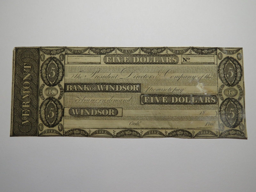 $5 18__ Windsor Vermont VT Obsolete Currency Bank Note Bill Remainder Rare UNC