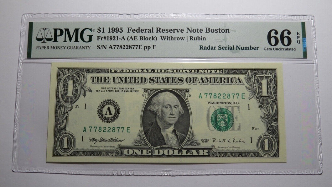 $1 1995 Radar Serial Number Federal Reserve Currency Bank Note Bill PMG UNC66EPQ