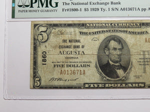 $5 1929 Augusta Georgia GA National Currency Bank Note Bill Ch. #1860 F15 PMG