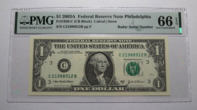 $1 2003 Radar Serial Number Federal Reserve Currency Bank Note Bill PMG UNC66EPQ