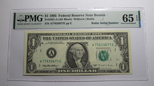 $1 1995 Radar Serial Number Federal Reserve Currency Bank Note Bill PMG UNC65EPQ