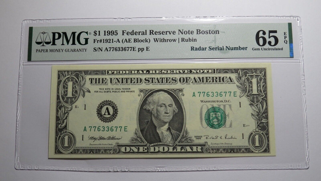 $1 1995 Radar Serial Number Federal Reserve Currency Bank Note Bill PMG UNC65EPQ