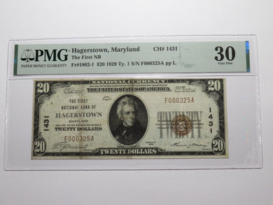 $20 1929 Hagerstown Maryland MD National Currency Bank Note Bill #1431 VF30 PMG