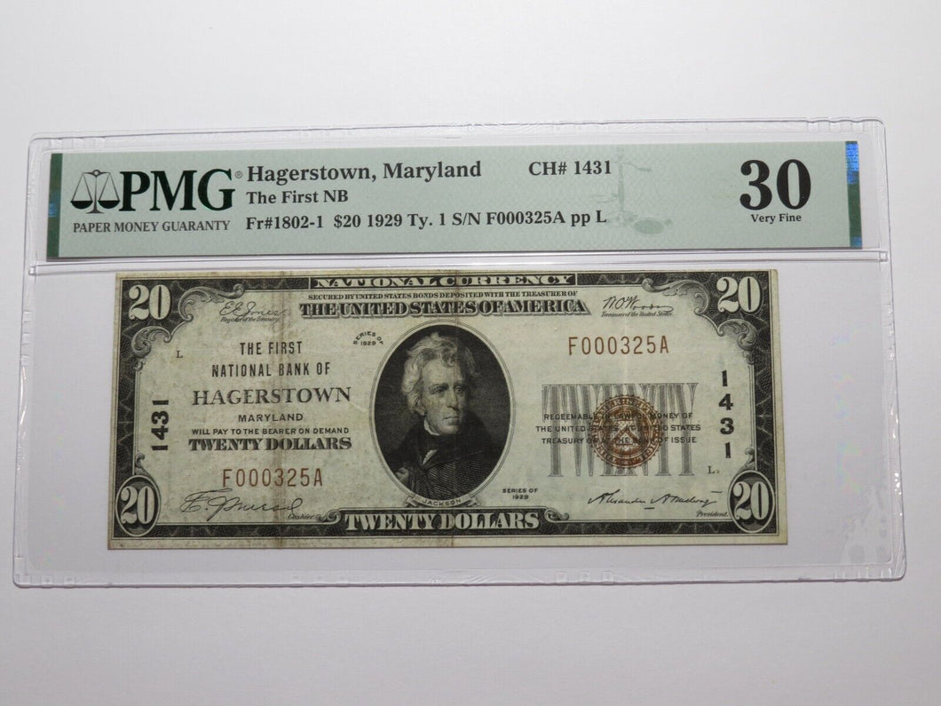 $20 1929 Hagerstown Maryland MD National Currency Bank Note Bill #1431 VF30 PMG