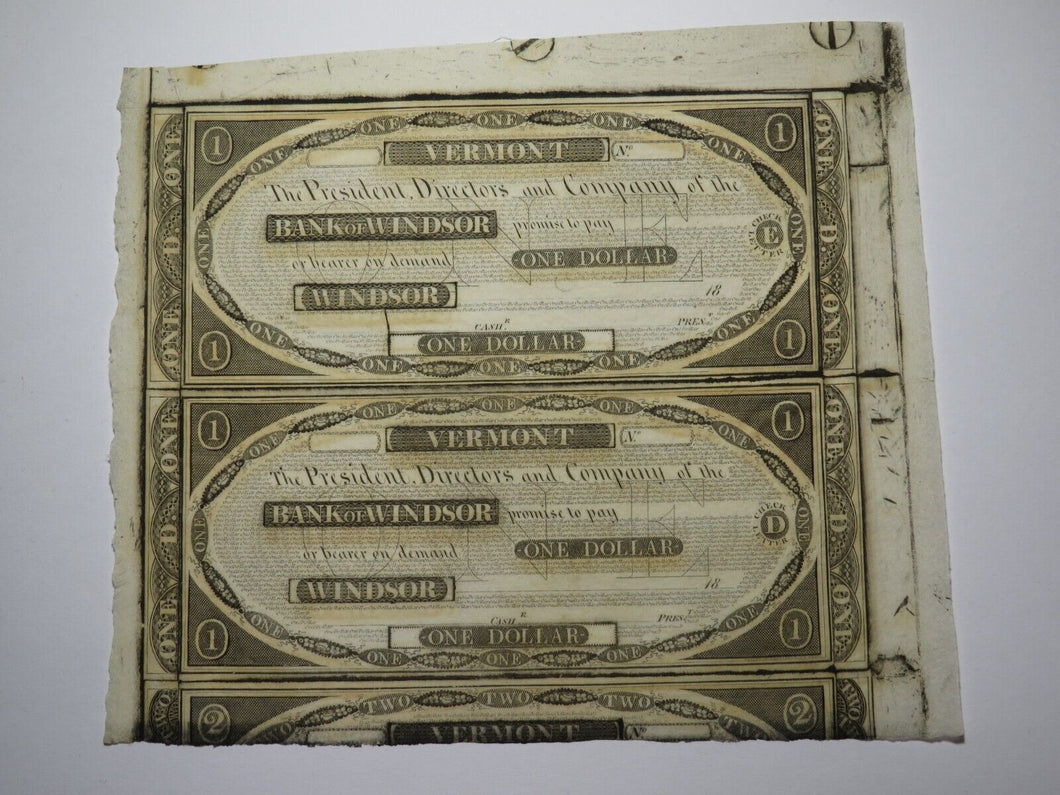 $1 18__ Windsor Vermont VT Obsolete Currency Uncut Bank Sheet Notes Uncirculated