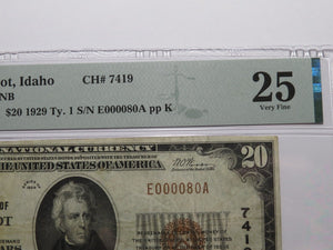 $20 1929 Blackfoot Idaho ID National Currency Bank Note Bill Ch. #7419 VF25 PMG