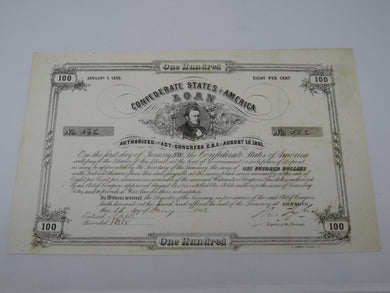 $100 1863 Confederate Bond Certificate Currency Bank Note Bill UNC 14