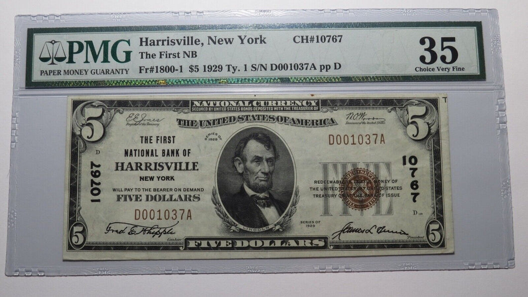 $5 1929 Harrisville New York NY National Currency Bank Note Bill Ch #10767 VF35